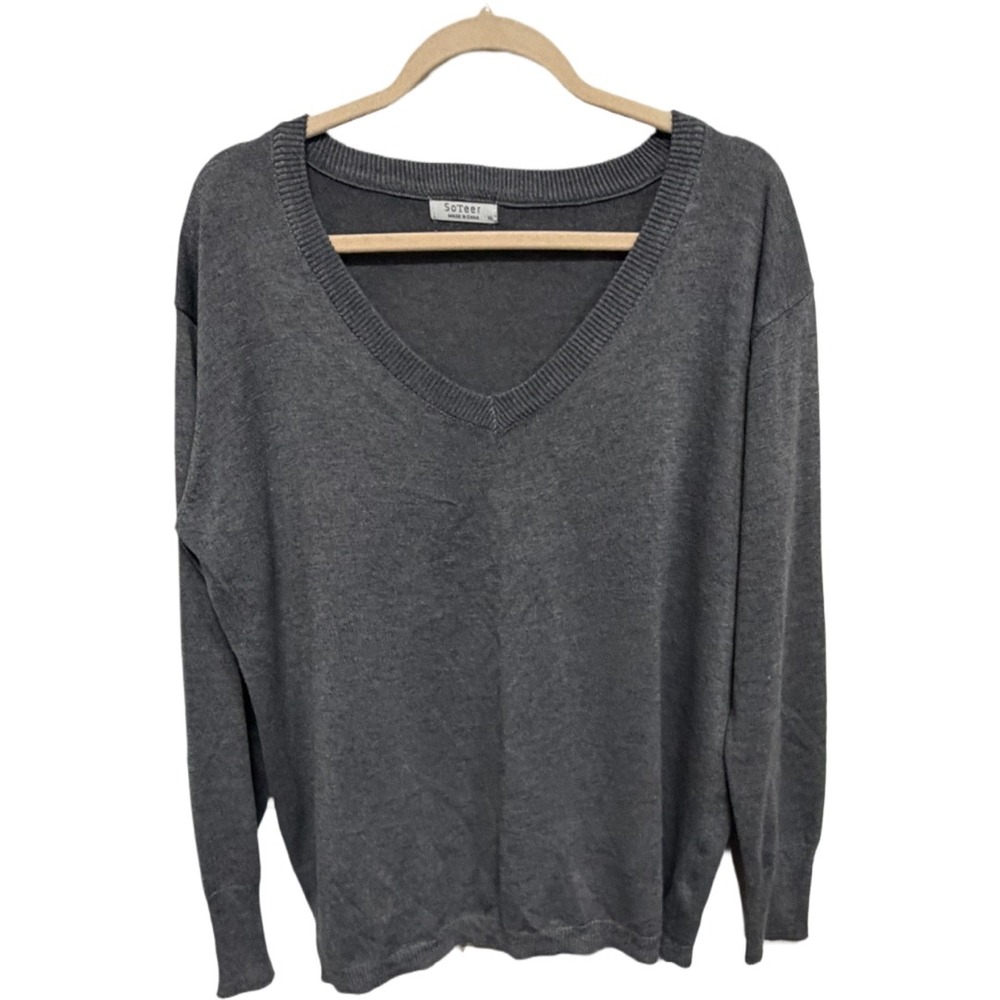 SoTeer Gray V-Neck Sweater XL Lightweight Knit Long Sleeve Pullover Soft Stretch